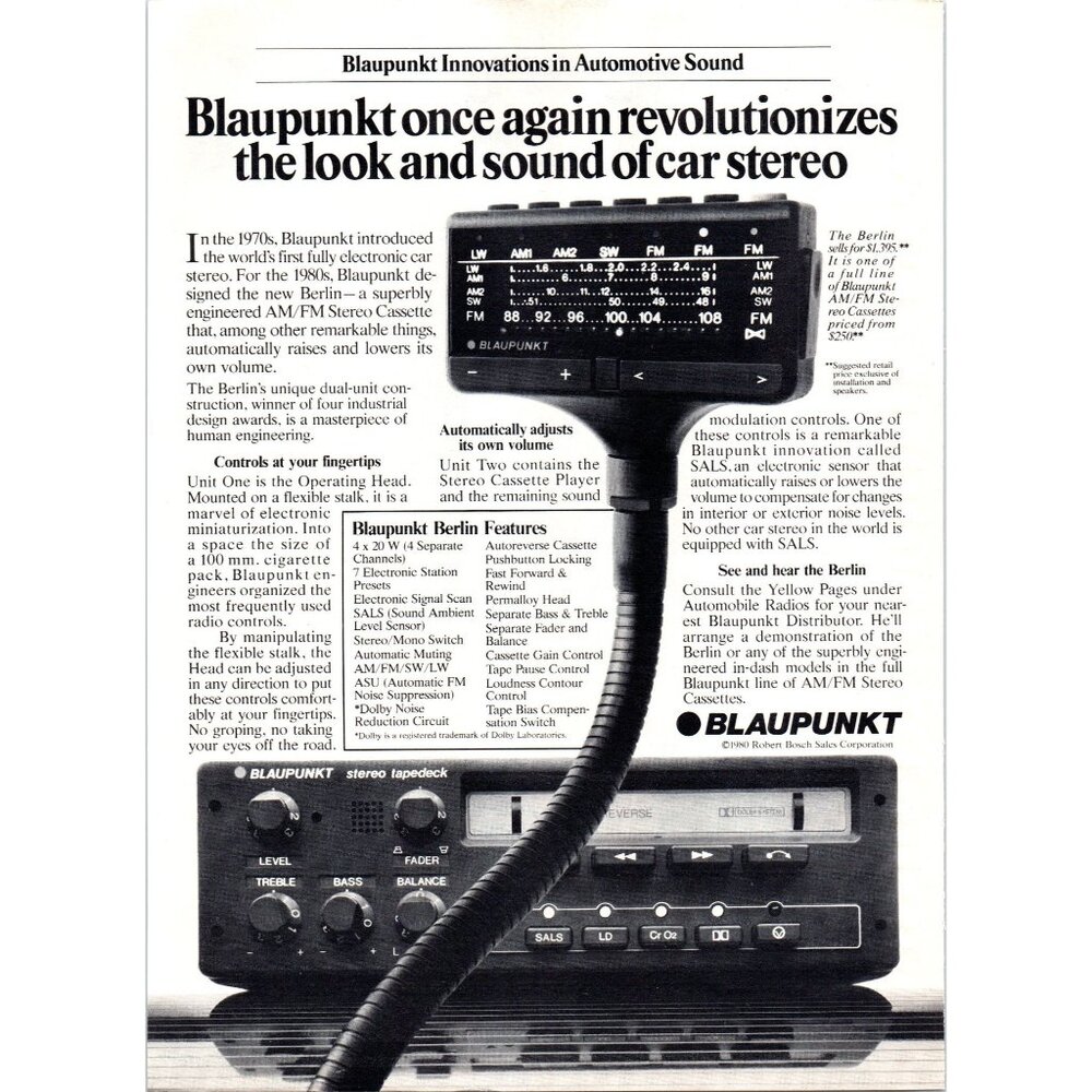 1980 Blaupunkt The Berlin Tape Deck Car Stereo Vintage Print Ad Wall Art 80s